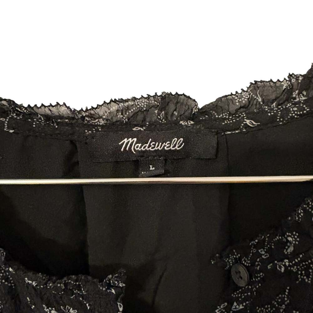 Madewell Black Floral Crinkled Bell Sleeve Knee Length Dress L - Picture 6 of 8